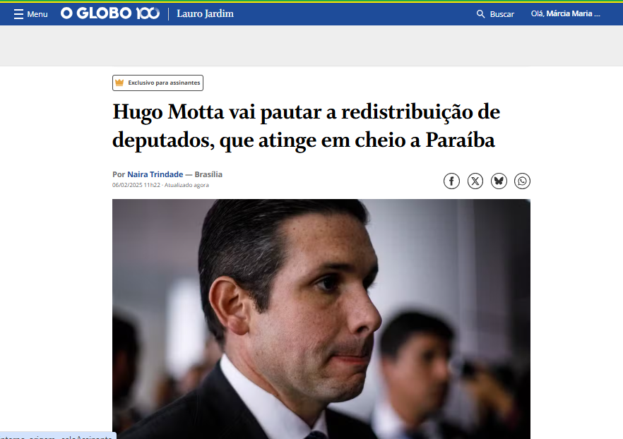 Mídia nacional diz que Hugo Motta vai pautar redistribuição de deputados, que atinge em cheio a Paraíba