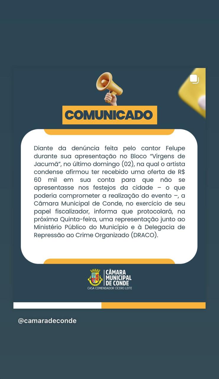 Câmara Municipal do Conde apura denúncia de cantor que afirma ter recebido para não cantar no carnaval