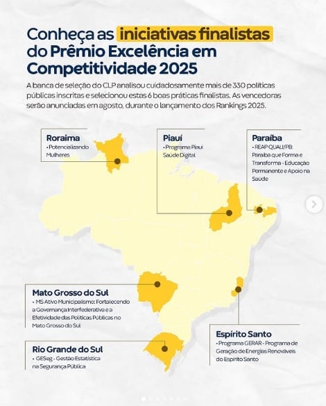 Paraíba está entre os seis estados semifinalistas no prêmio excelência em competitividade 2025 do Ranking de CLP