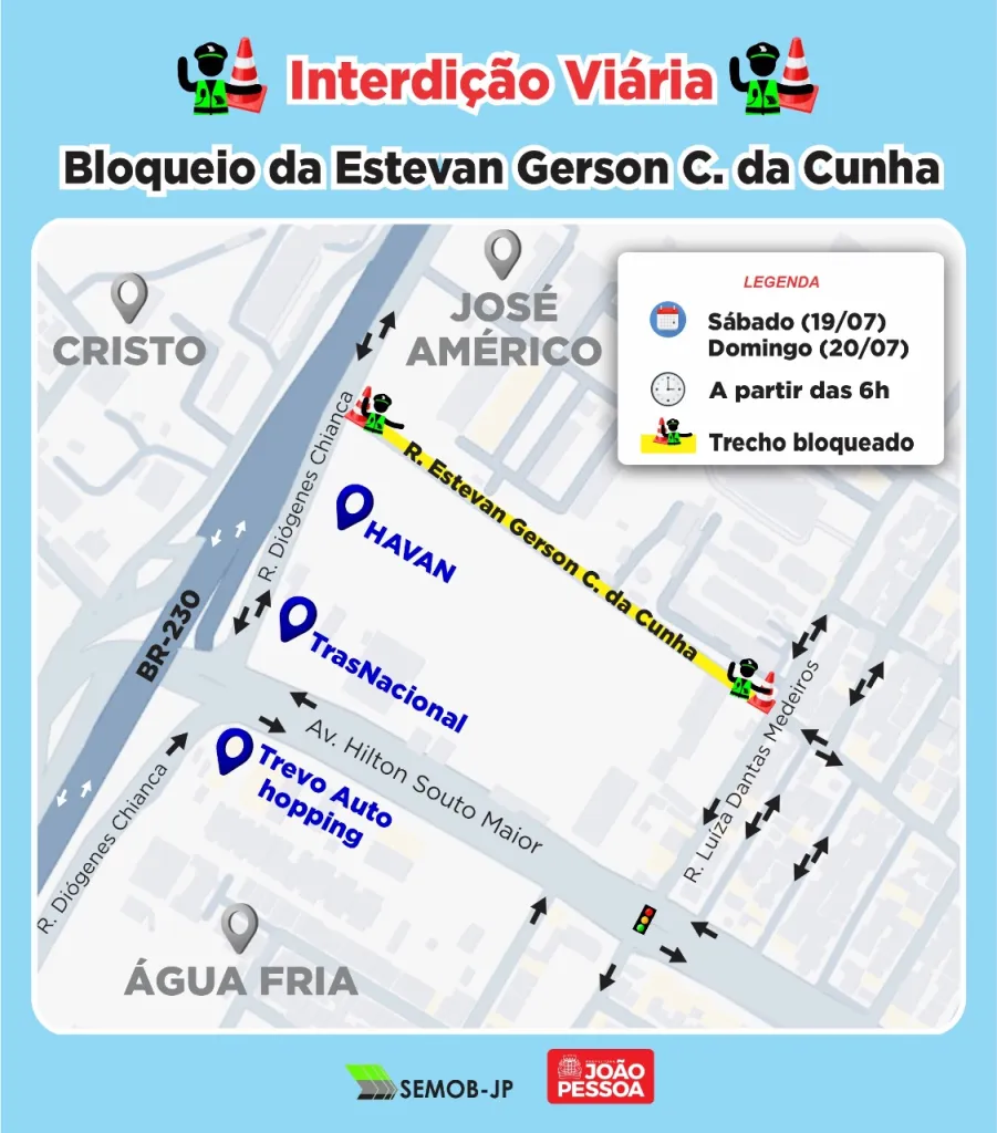 Rua no José Américo será interditada durante o fim de semana para realização de serviços de esgotamento