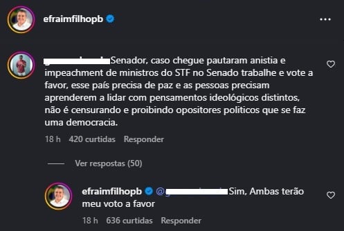 Efraim assina pedido impeachment de Alexandre Moraes e defende anistia aos condenados pelo 8 de janeiro