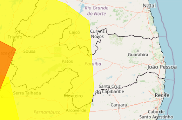 Inmet emite alerta de chuvas fortes e ventos intensos para 114 cidades paraibanas neste sábado